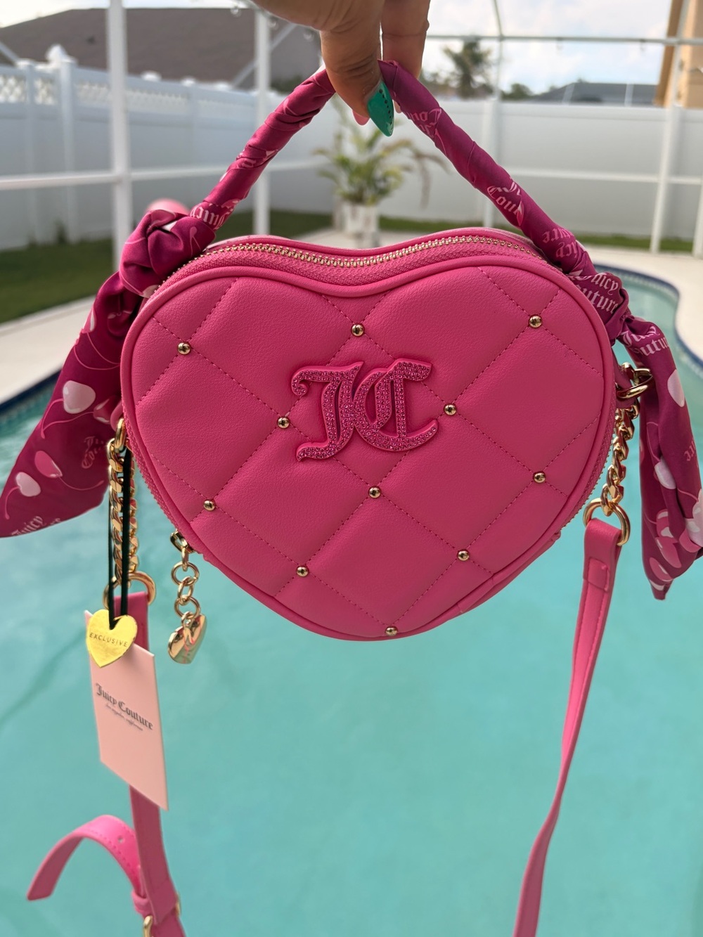 Juicy Couture Fuchsia Heart Quilted Rhinestone Mini Bag with Scarf-NWT - Picture 5 of 13
